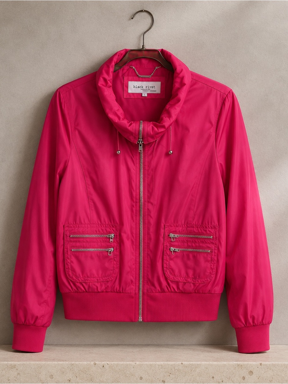 Black Rivet G-III Hot Pink Fuchsia Bomber Jacket Size L Y2K